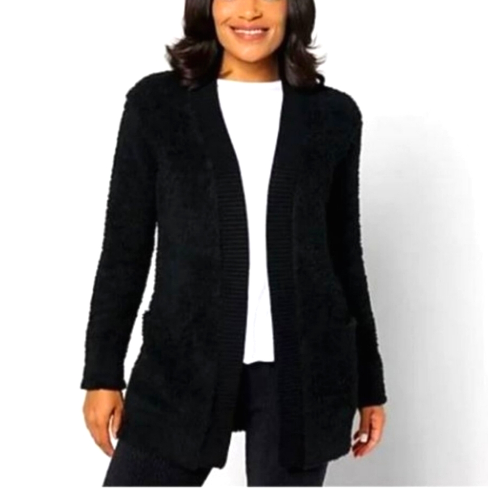 BAREFOOT DREAMS Cozy Chic Ribbed Knit Trim Cardigan Sweater Coat Black 1X